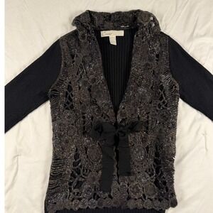 Curio NY Black Wool Crochet Lace Ribbed Tie Front Cardigan S Whimsygoth Boho